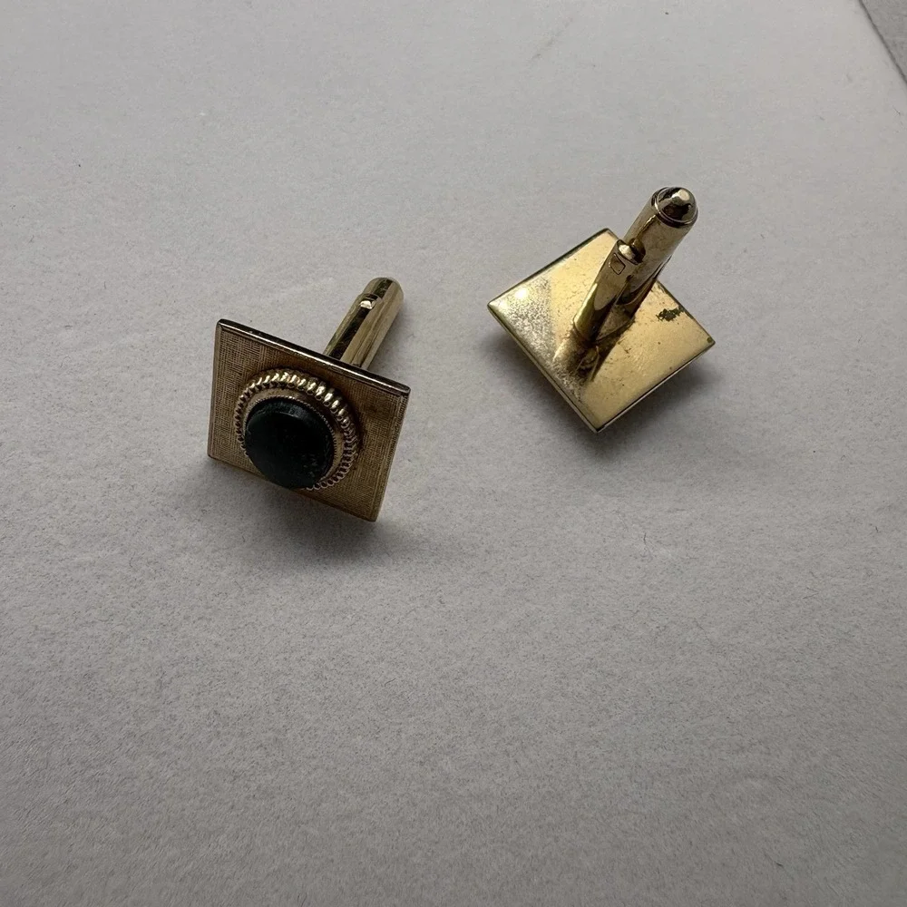 Vintage Gold‎ With Green Rhinestone Cufflinks